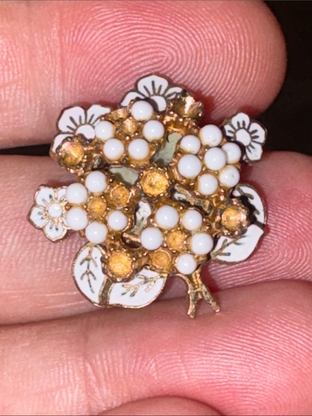 Very Vintage Gold and White Floral Cluster Brooch - Women Jewelry